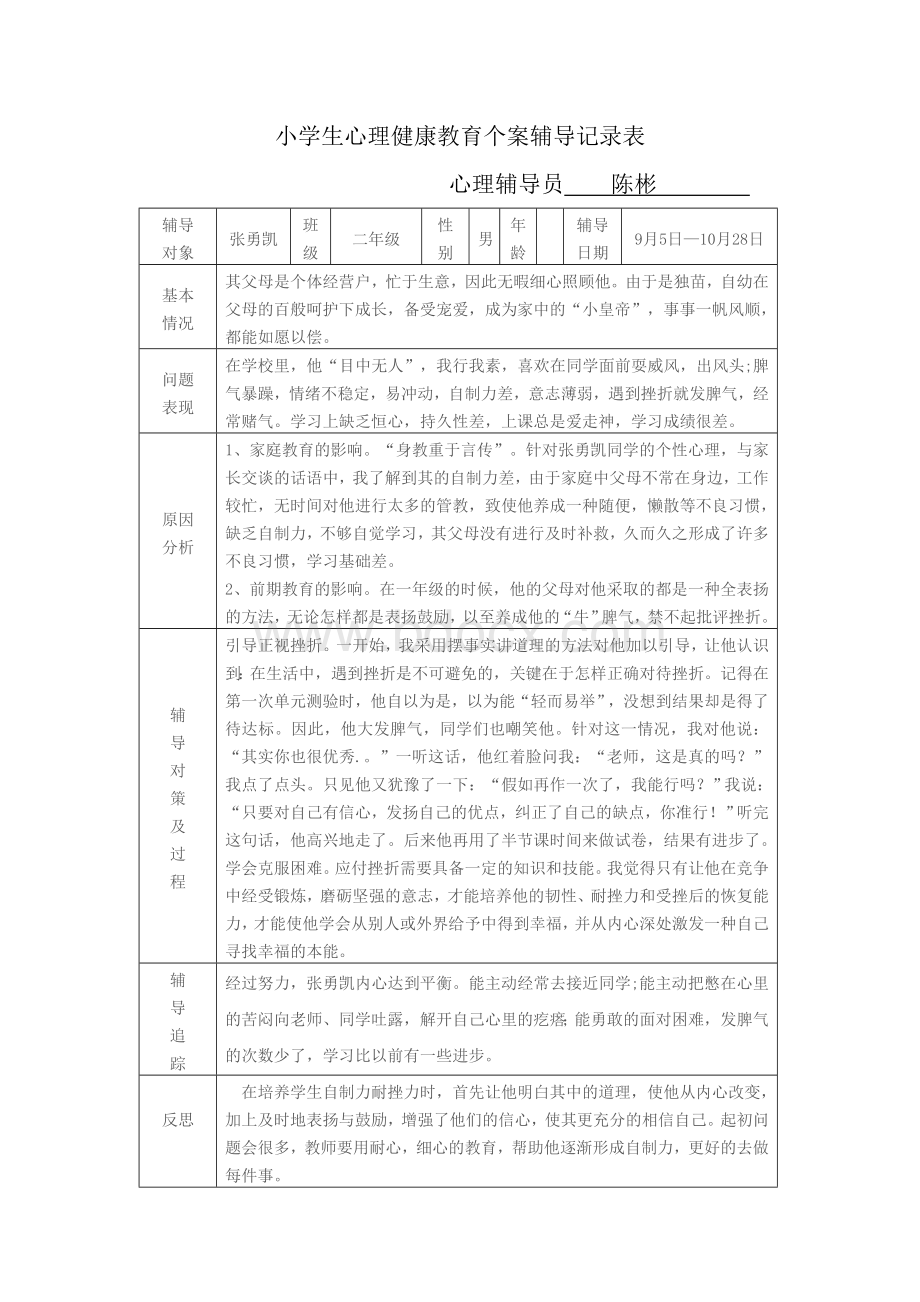 小学生心理健康教育个案辅导记录Word下载.doc