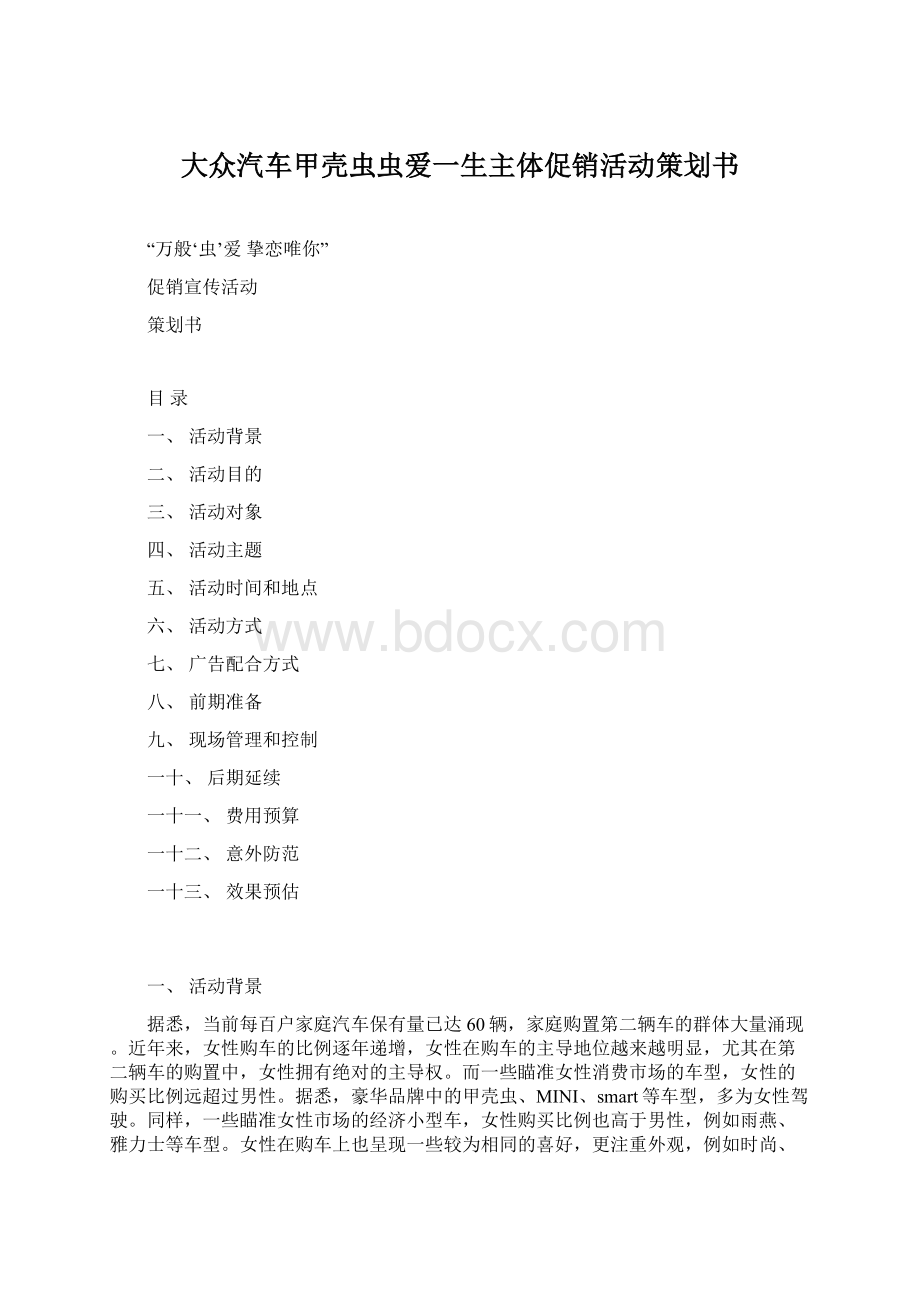 大众汽车甲壳虫虫爱一生主体促销活动策划书Word文件下载.docx