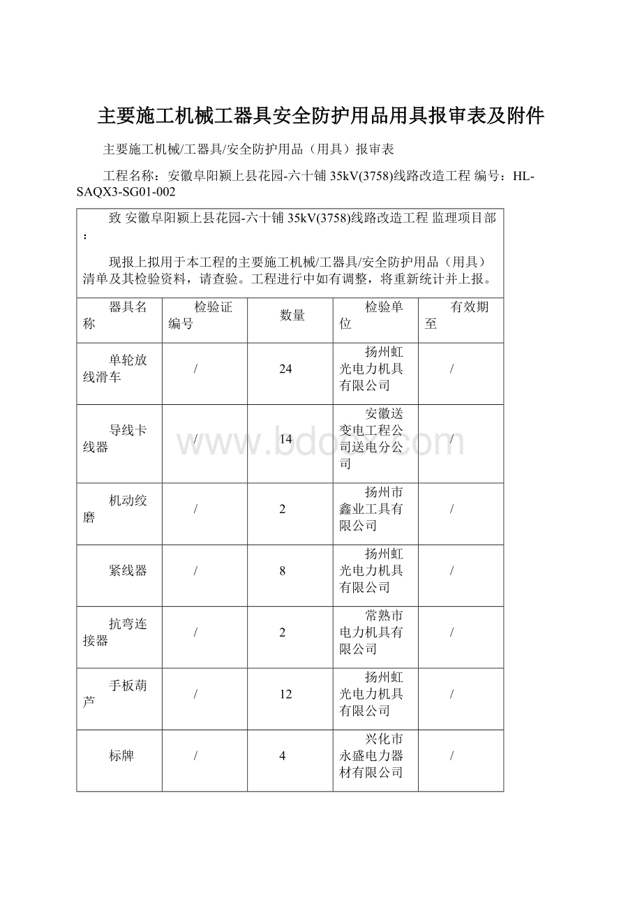 主要施工机械工器具安全防护用品用具报审表及附件Word文档格式.docx_第1页