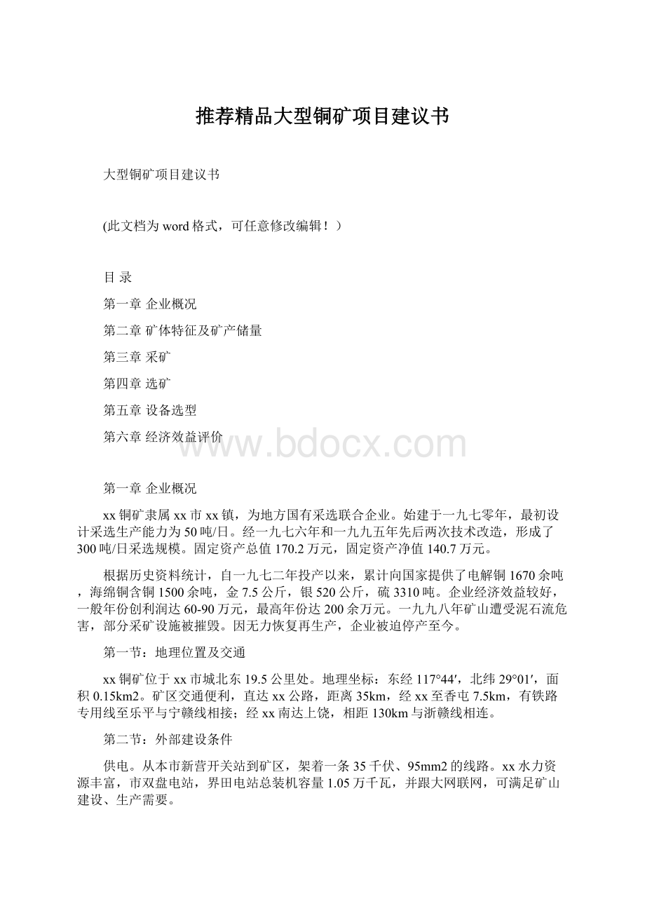 推荐精品大型铜矿项目建议书文档格式.docx