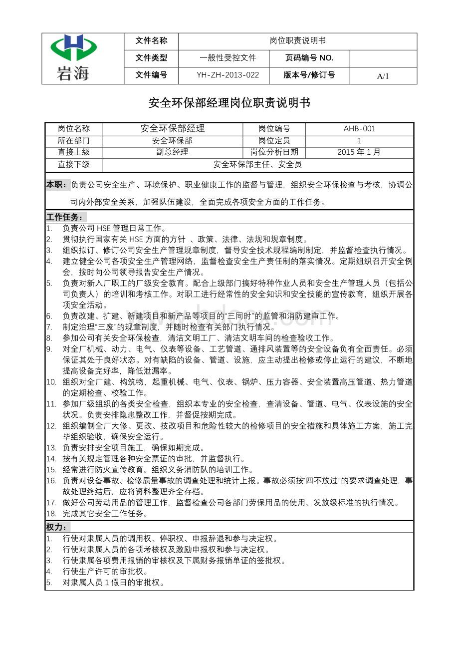 安环部岗位说明书ok(2)Word格式文档下载.doc