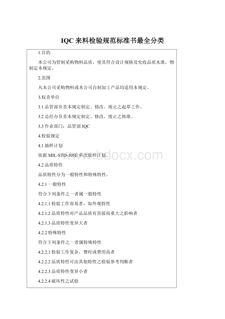 IQC来料检验规范标准书最全分类Word文件下载.docx