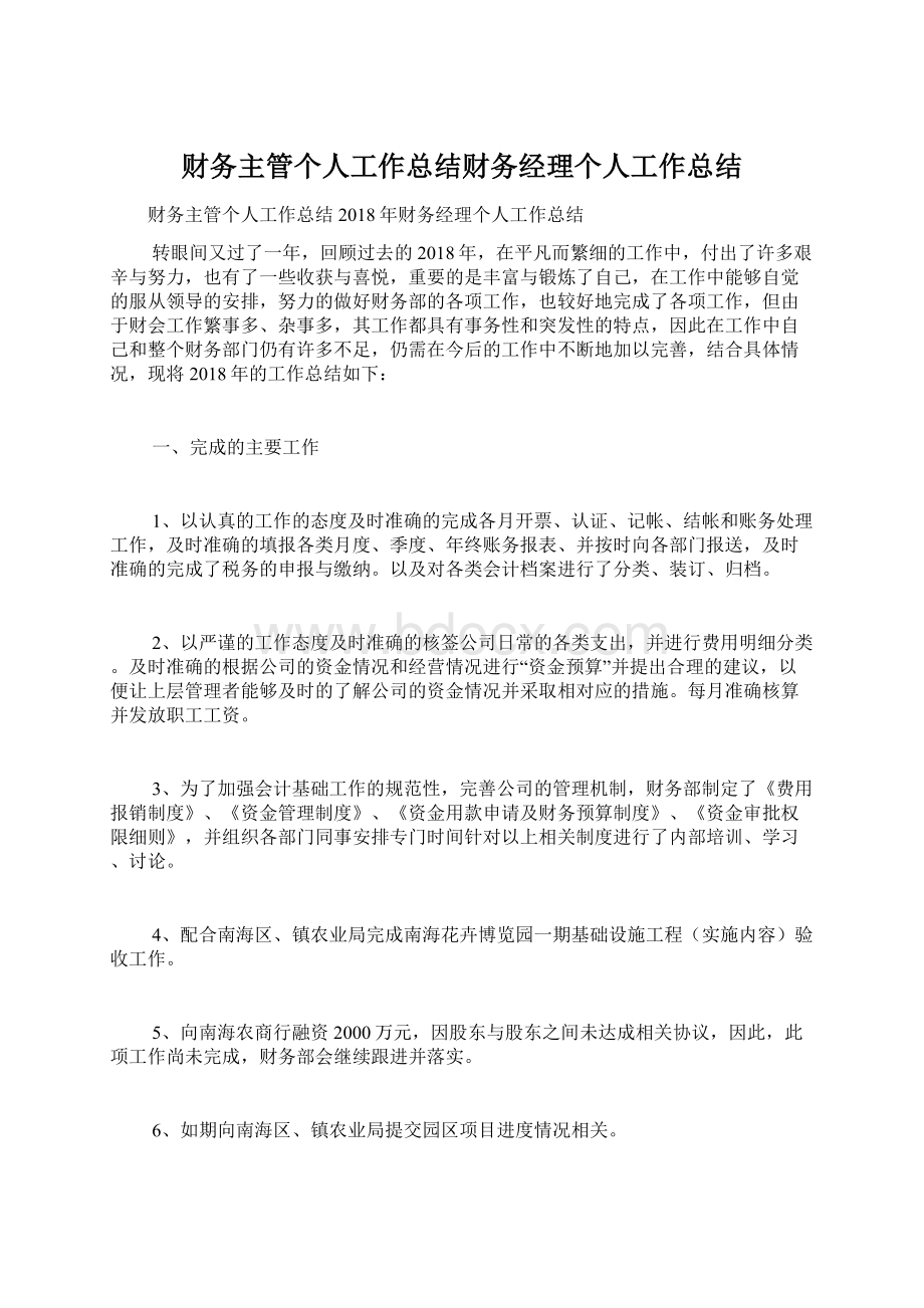 财务主管个人工作总结财务经理个人工作总结.docx_第1页