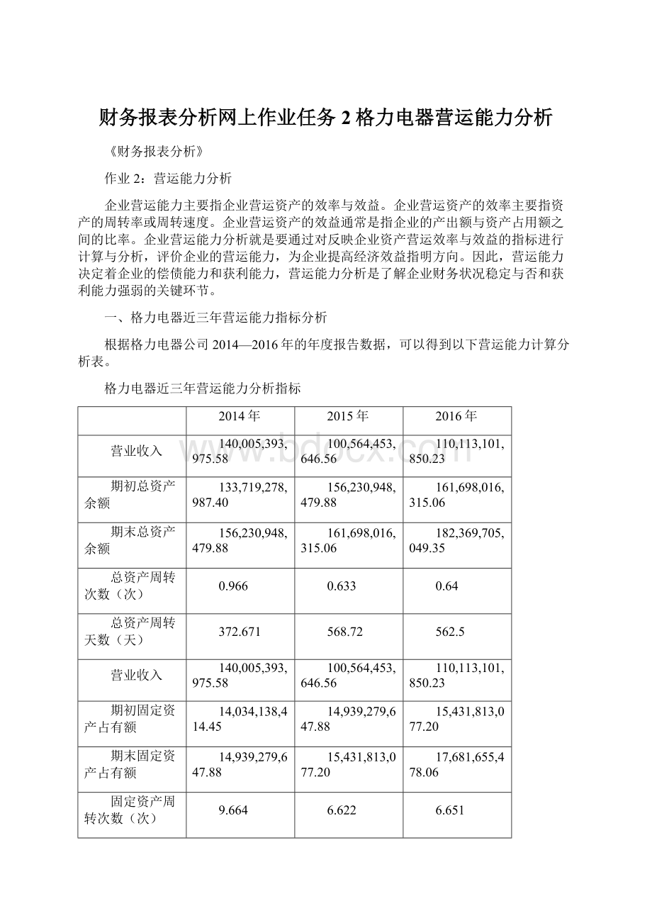 财务报表分析网上作业任务2格力电器营运能力分析Word下载.docx