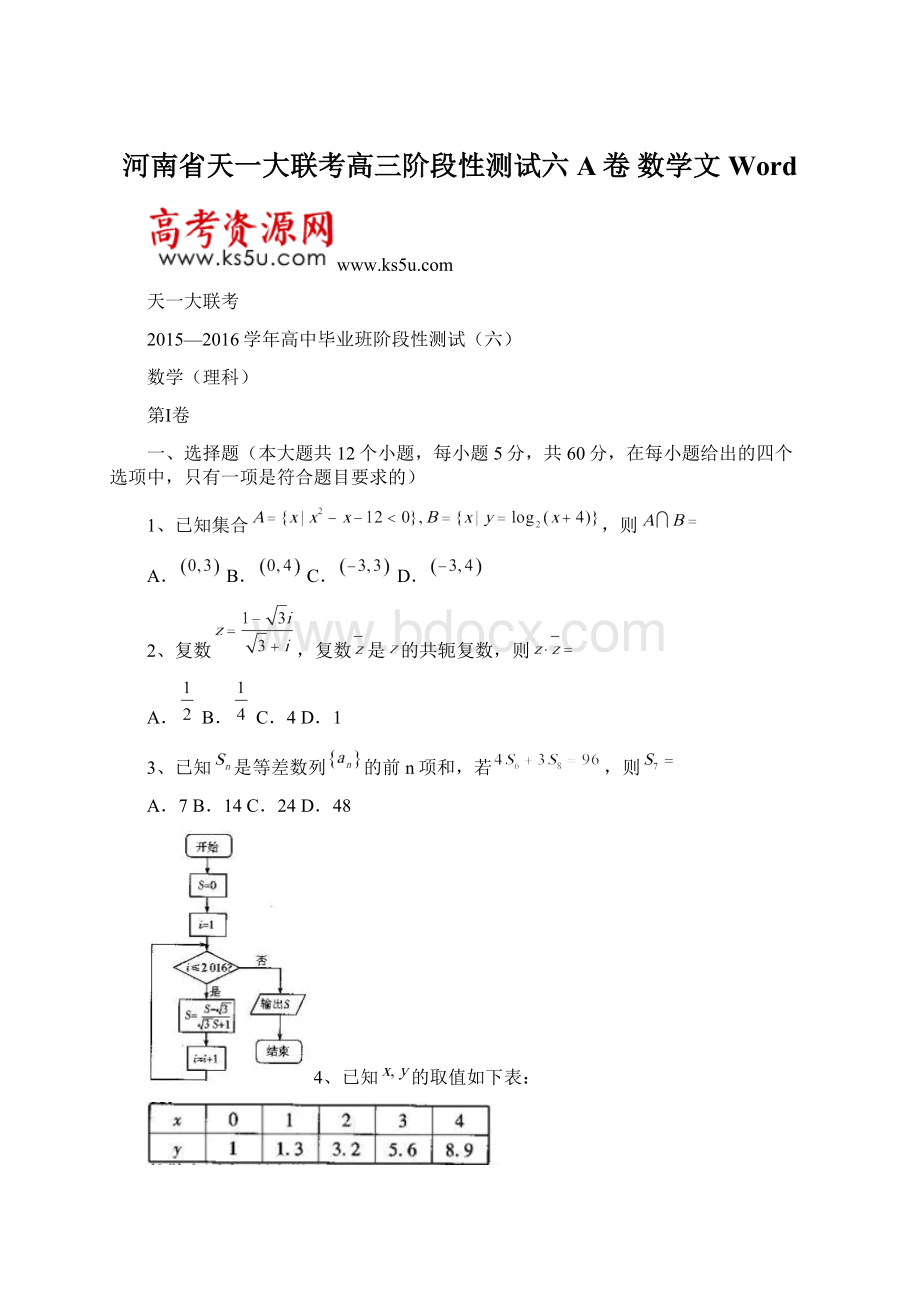 河南省天一大联考高三阶段性测试六A卷 数学文WordWord格式文档下载.docx_第1页