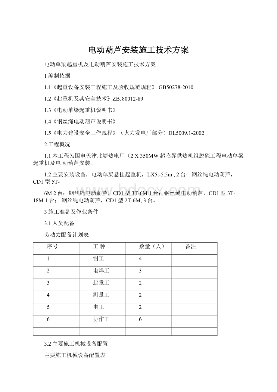 电动葫芦安装施工技术方案.docx_第1页