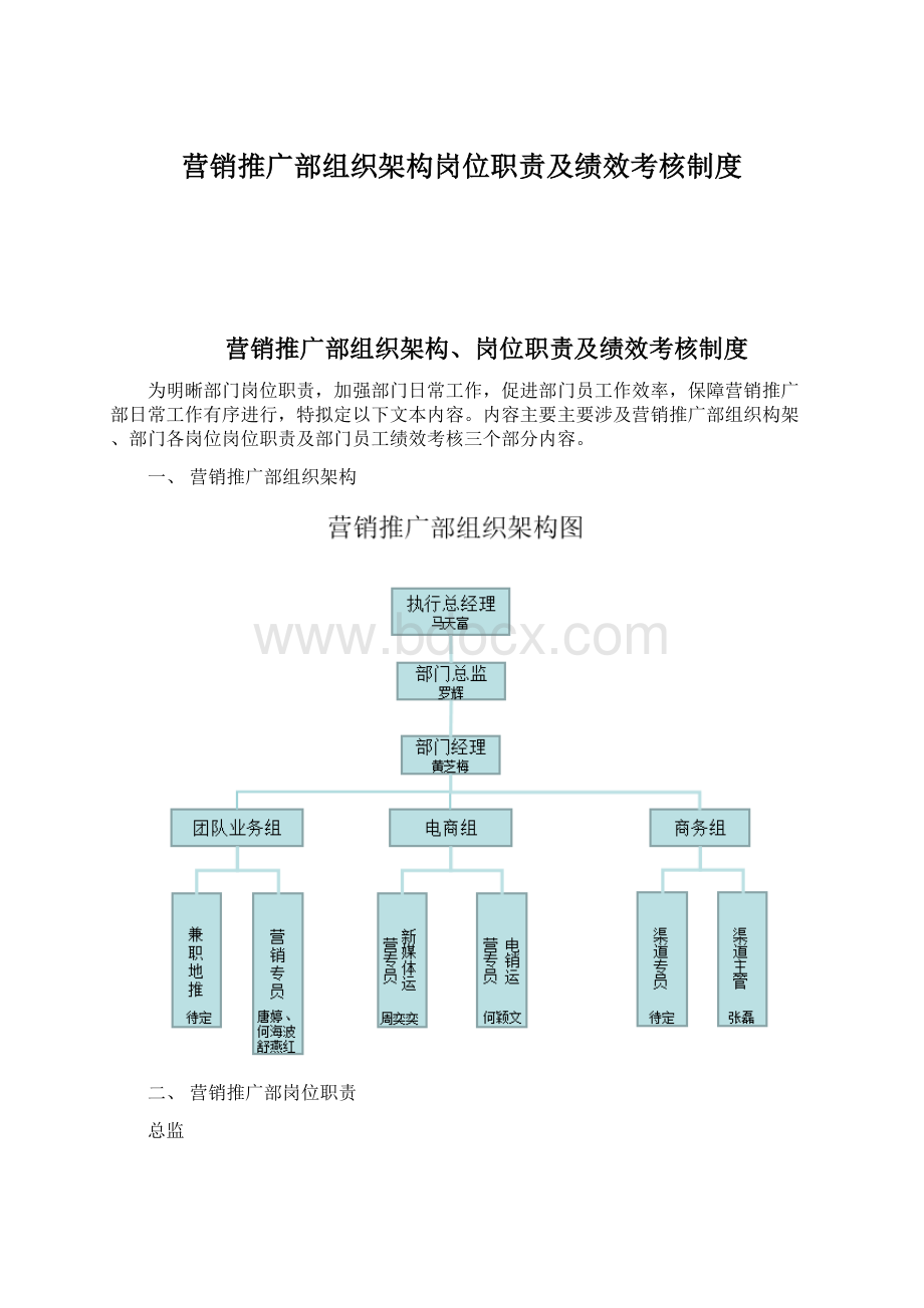 营销推广部组织架构岗位职责及绩效考核制度Word文件下载.docx_第1页