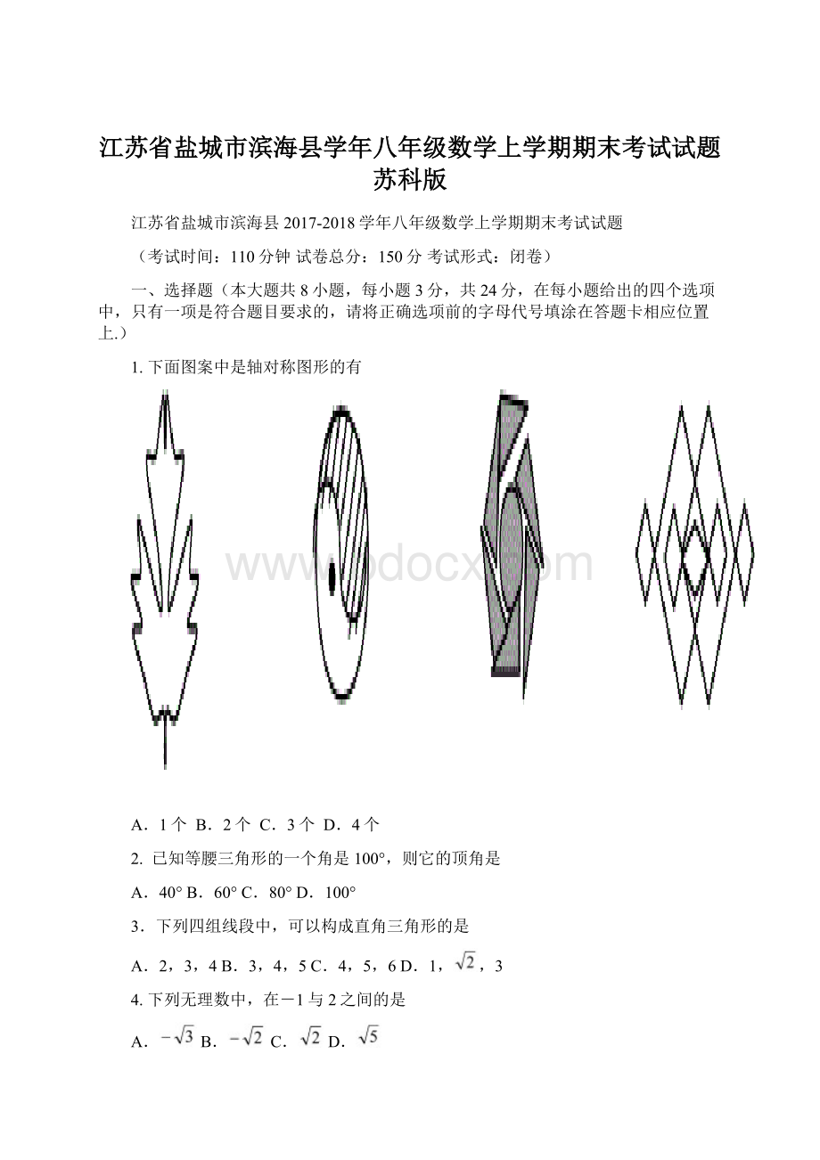 江苏省盐城市滨海县学年八年级数学上学期期末考试试题苏科版Word文档下载推荐.docx