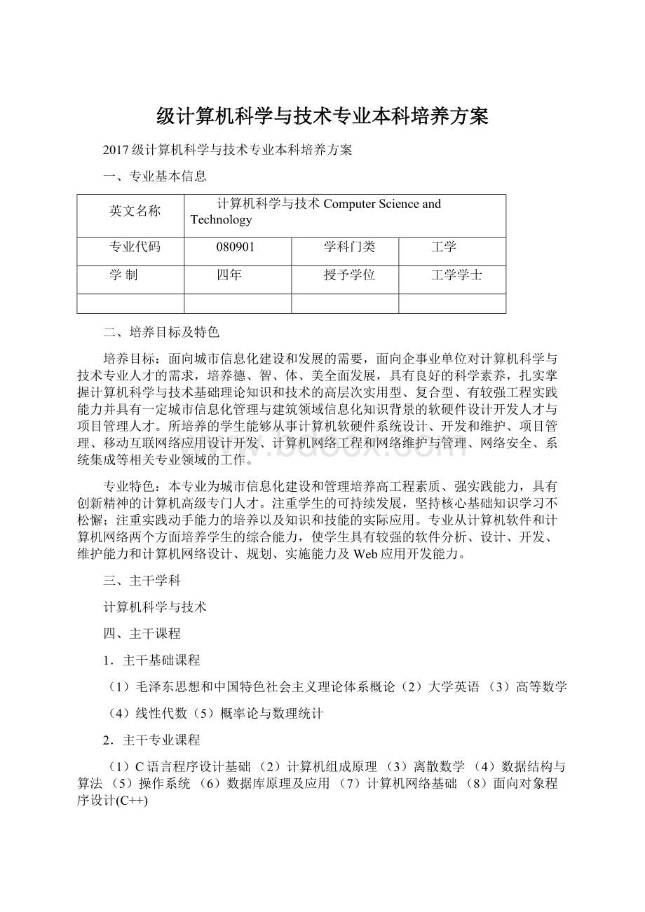 级计算机科学与技术专业本科培养方案Word格式.docx