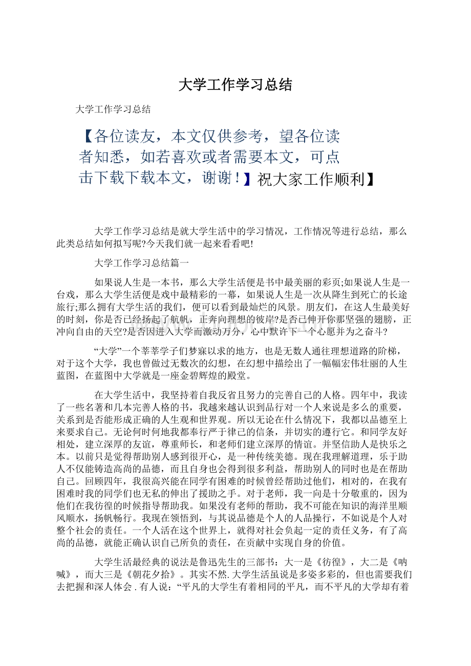 大学工作学习总结Word文档格式.docx