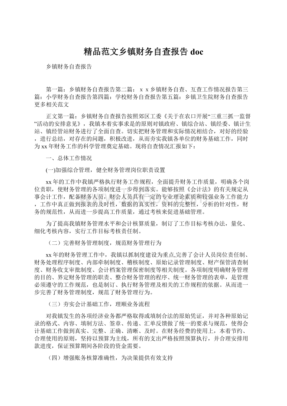 精品范文乡镇财务自查报告docWord文件下载.docx_第1页