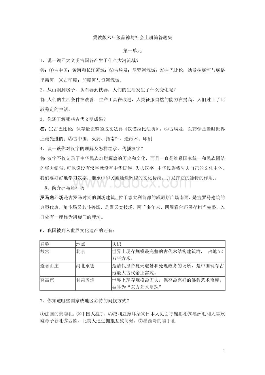 冀教版六年级品德与社会上下册简答题集Word文档下载推荐.doc