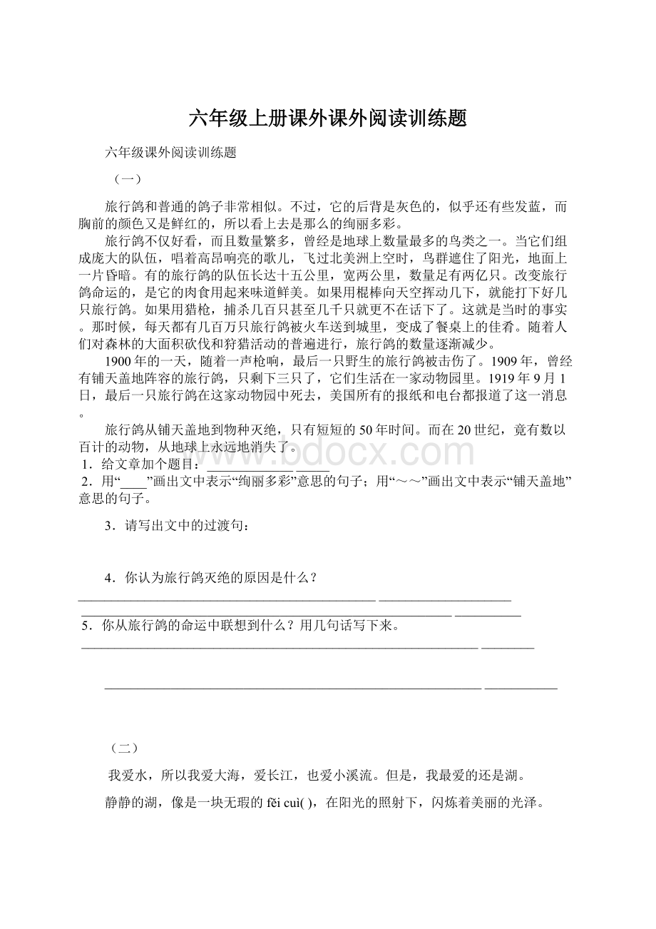 六年级上册课外课外阅读训练题Word文档下载推荐.docx