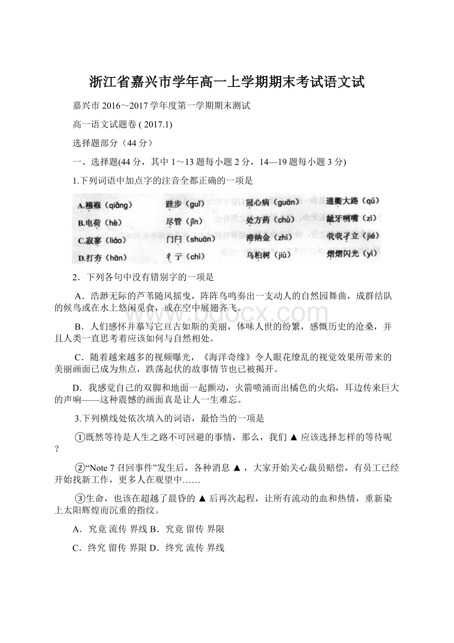 浙江省嘉兴市学年高一上学期期末考试语文试.docx