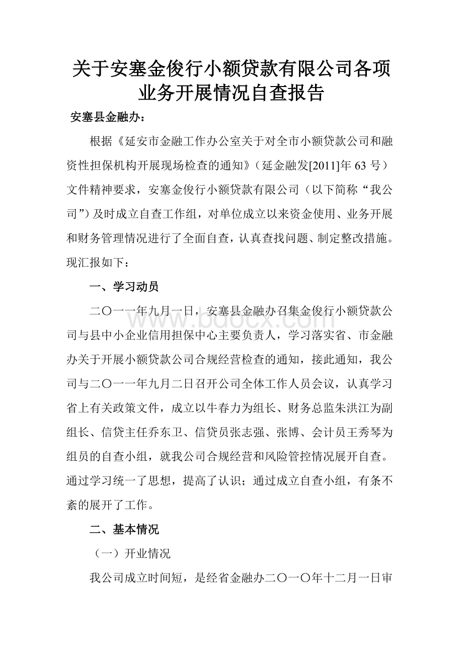 关于安塞金俊行小额贷款有限公司各项业务开展情况自查报告(1)Word下载.doc