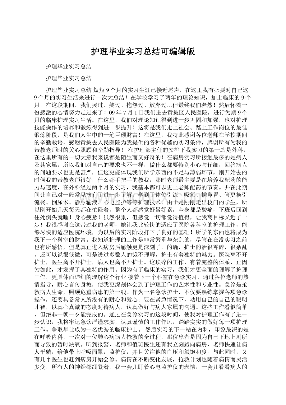 护理毕业实习总结可编辑版Word文档格式.docx