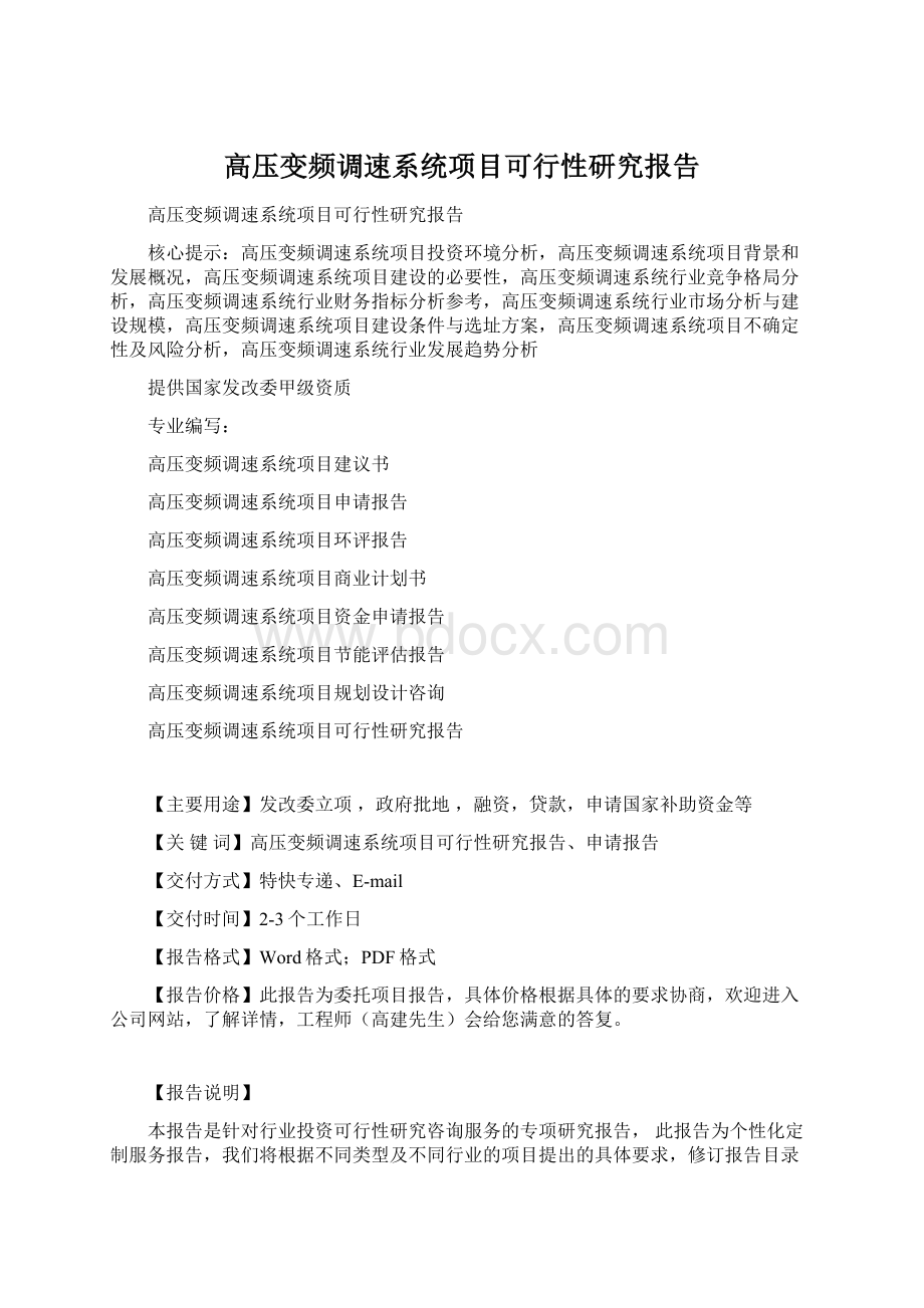 高压变频调速系统项目可行性研究报告Word文档下载推荐.docx_第1页