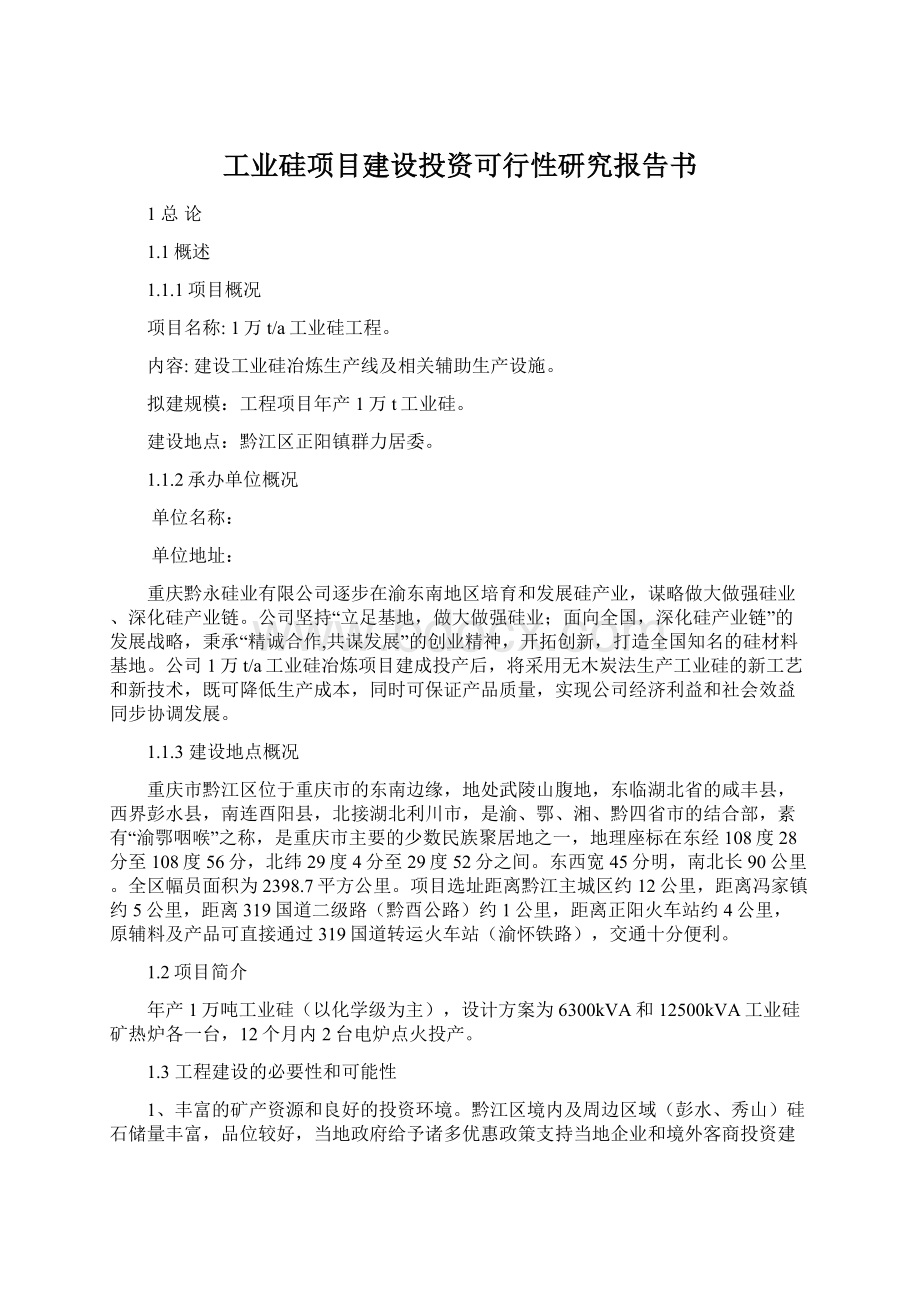 工业硅项目建设投资可行性研究报告书文档格式.docx_第1页