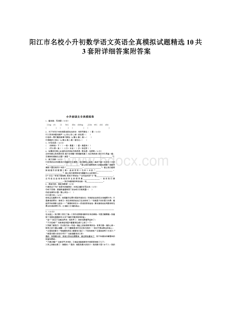 阳江市名校小升初数学语文英语全真模拟试题精选10共3套附详细答案附答案.docx