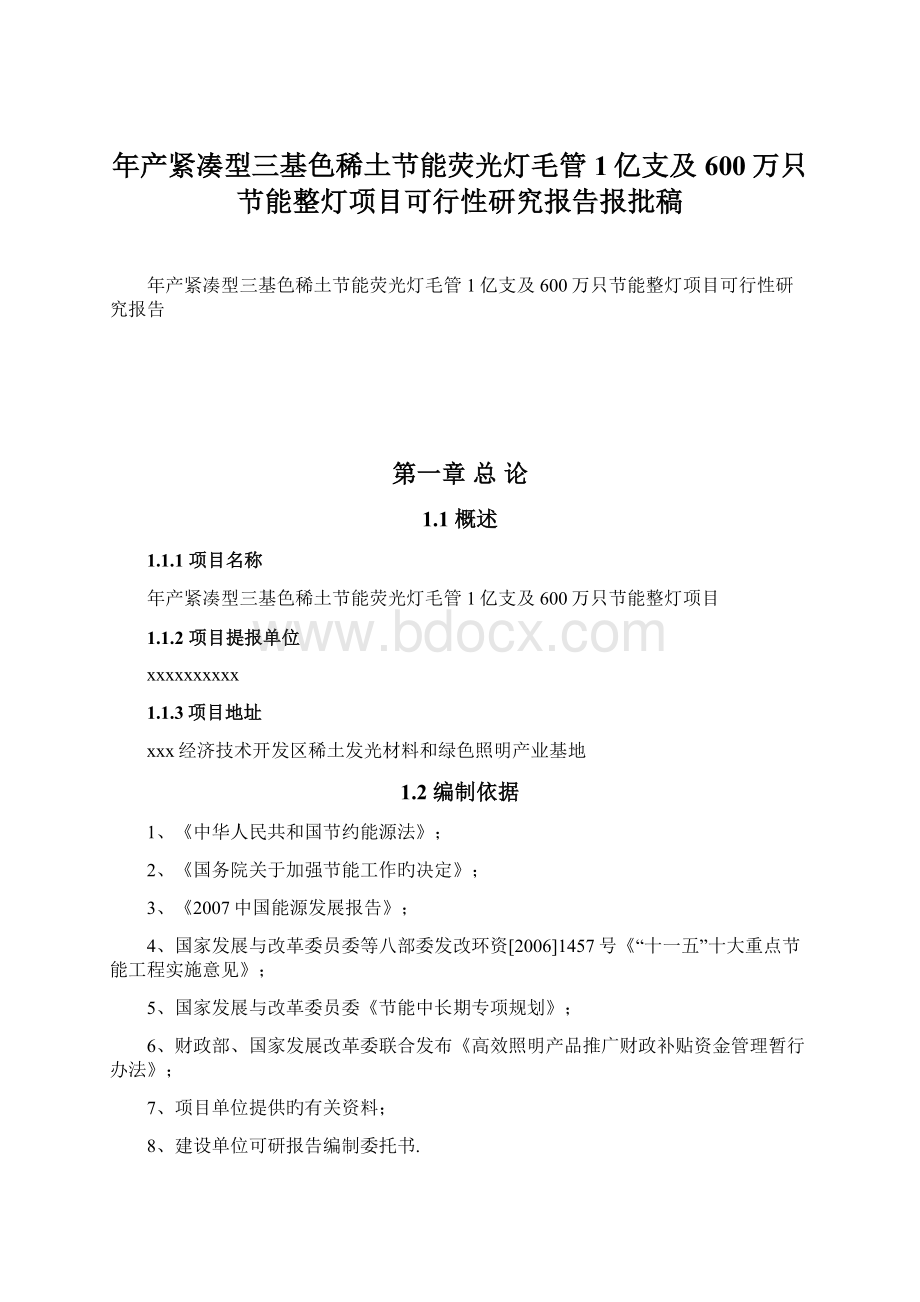 年产紧凑型三基色稀土节能荧光灯毛管1亿支及600万只节能整灯项目可行性研究报告报批稿Word文档格式.docx