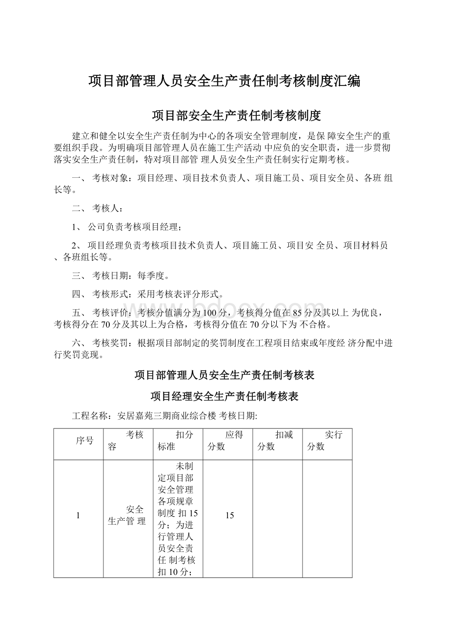 项目部管理人员安全生产责任制考核制度汇编.docx_第1页