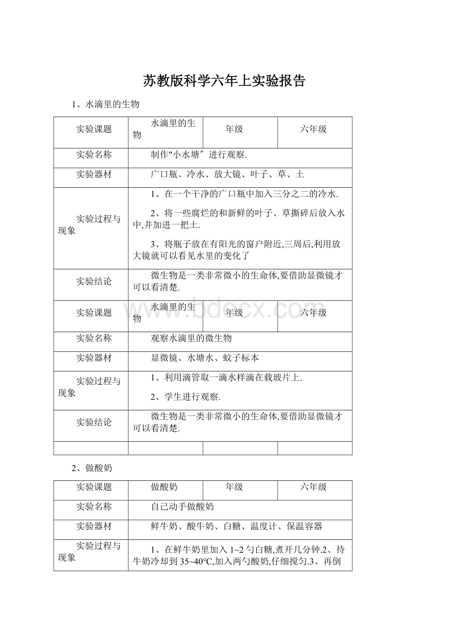 苏教版科学六年上实验报告.docx