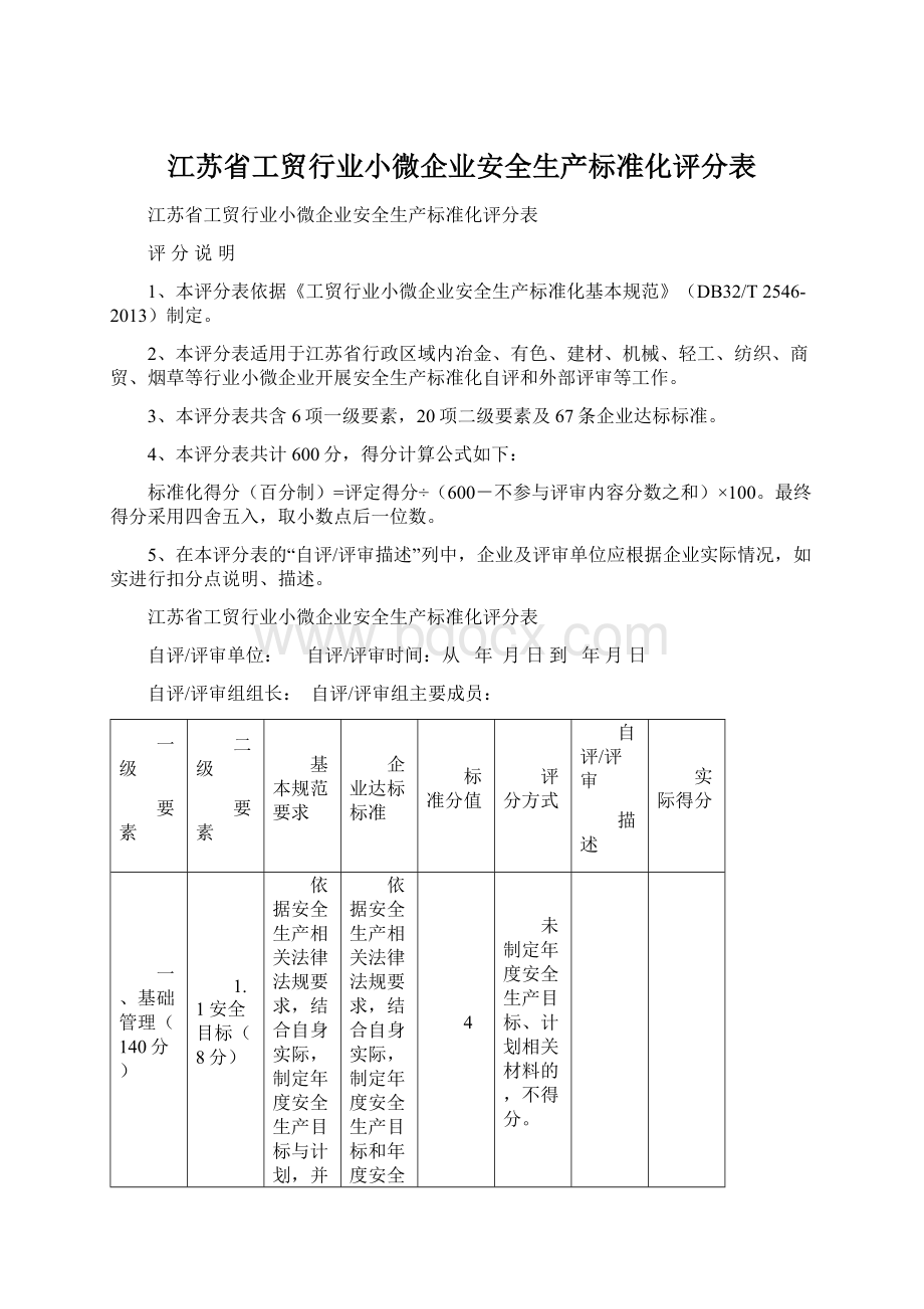 江苏省工贸行业小微企业安全生产标准化评分表文档格式.docx