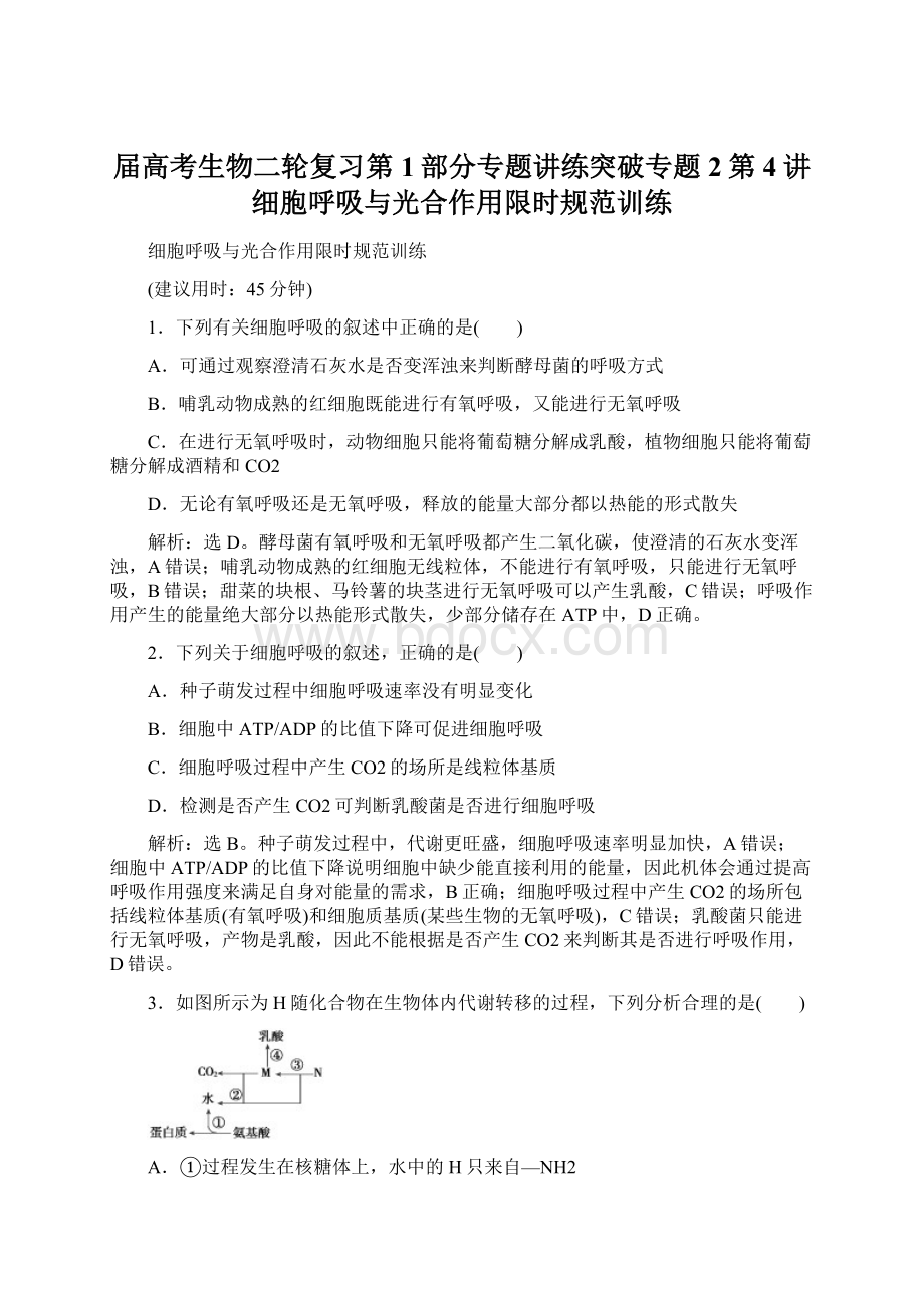 届高考生物二轮复习第1部分专题讲练突破专题2第4讲细胞呼吸与光合作用限时规范训练Word文档格式.docx_第1页