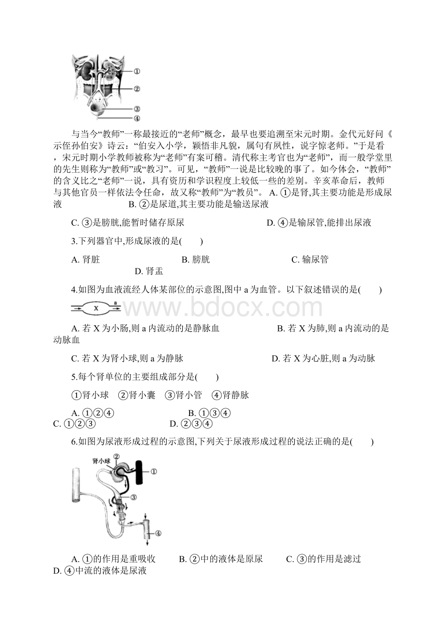 学年生物济南版七年级下册41尿液的形成和排出 同步训练word文档资料Word文档下载推荐.docx_第2页