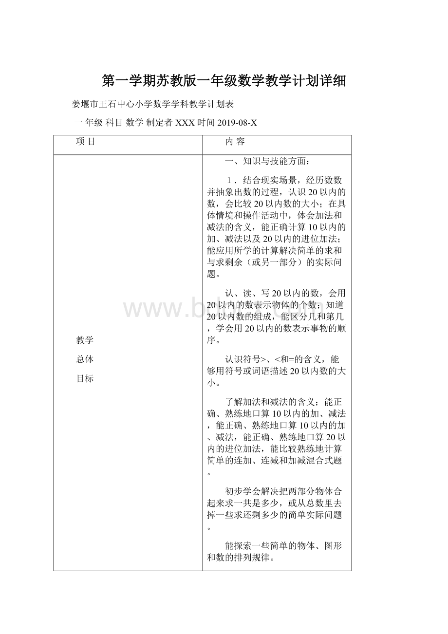 第一学期苏教版一年级数学教学计划详细Word文档下载推荐.docx_第1页