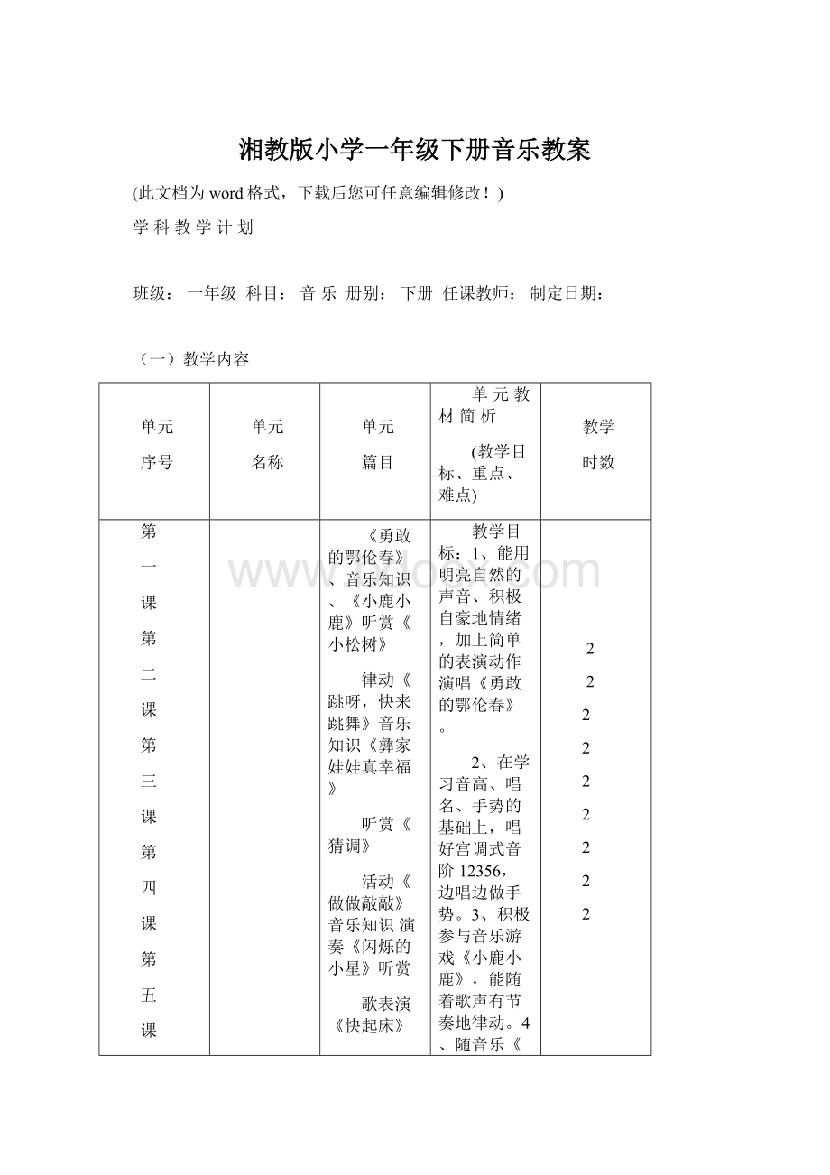 湘教版小学一年级下册音乐教案文档格式.docx_第1页