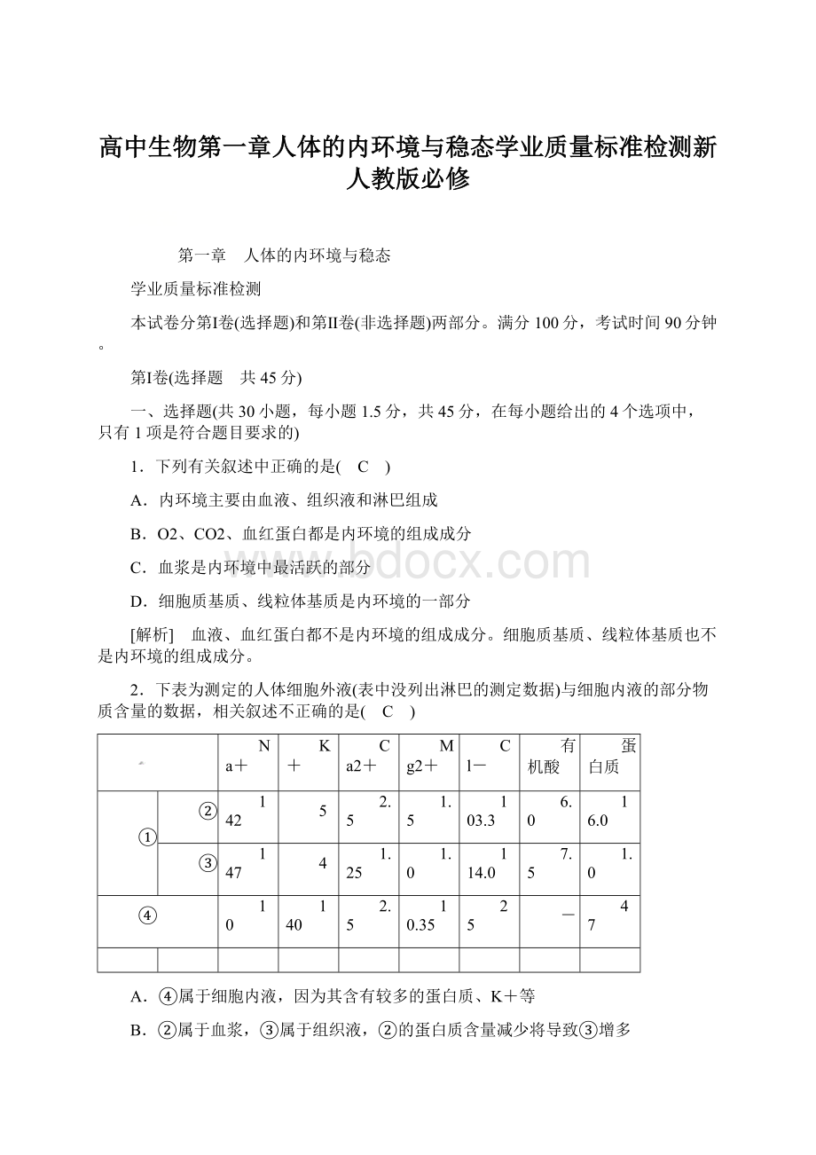 高中生物第一章人体的内环境与稳态学业质量标准检测新人教版必修Word格式文档下载.docx