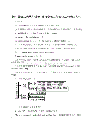 初中英语三大从句讲解+练习定语从句宾语从句状语从句.docx