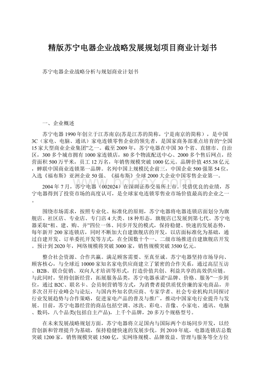 精版苏宁电器企业战略发展规划项目商业计划书Word下载.docx_第1页