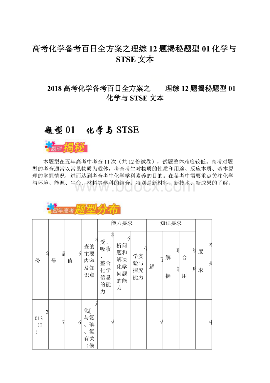 高考化学备考百日全方案之理综12题揭秘题型01化学与STSE文本.docx_第1页