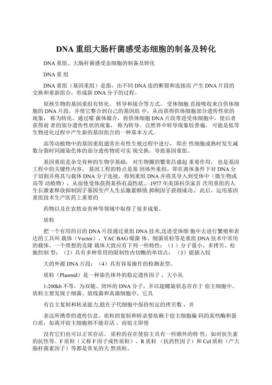 DNA重组大肠杆菌感受态细胞的制备及转化Word文档格式.docx