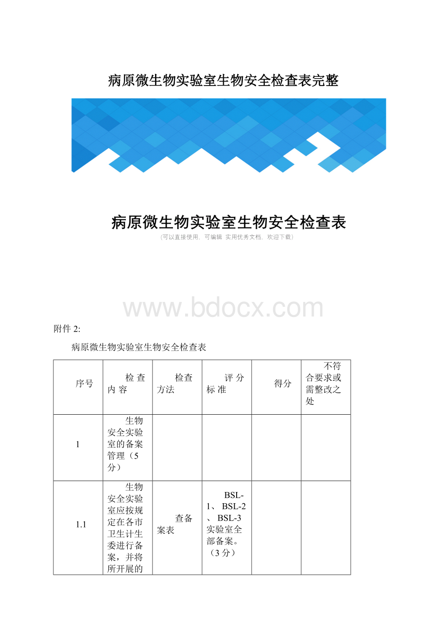 病原微生物实验室生物安全检查表完整Word文件下载.docx