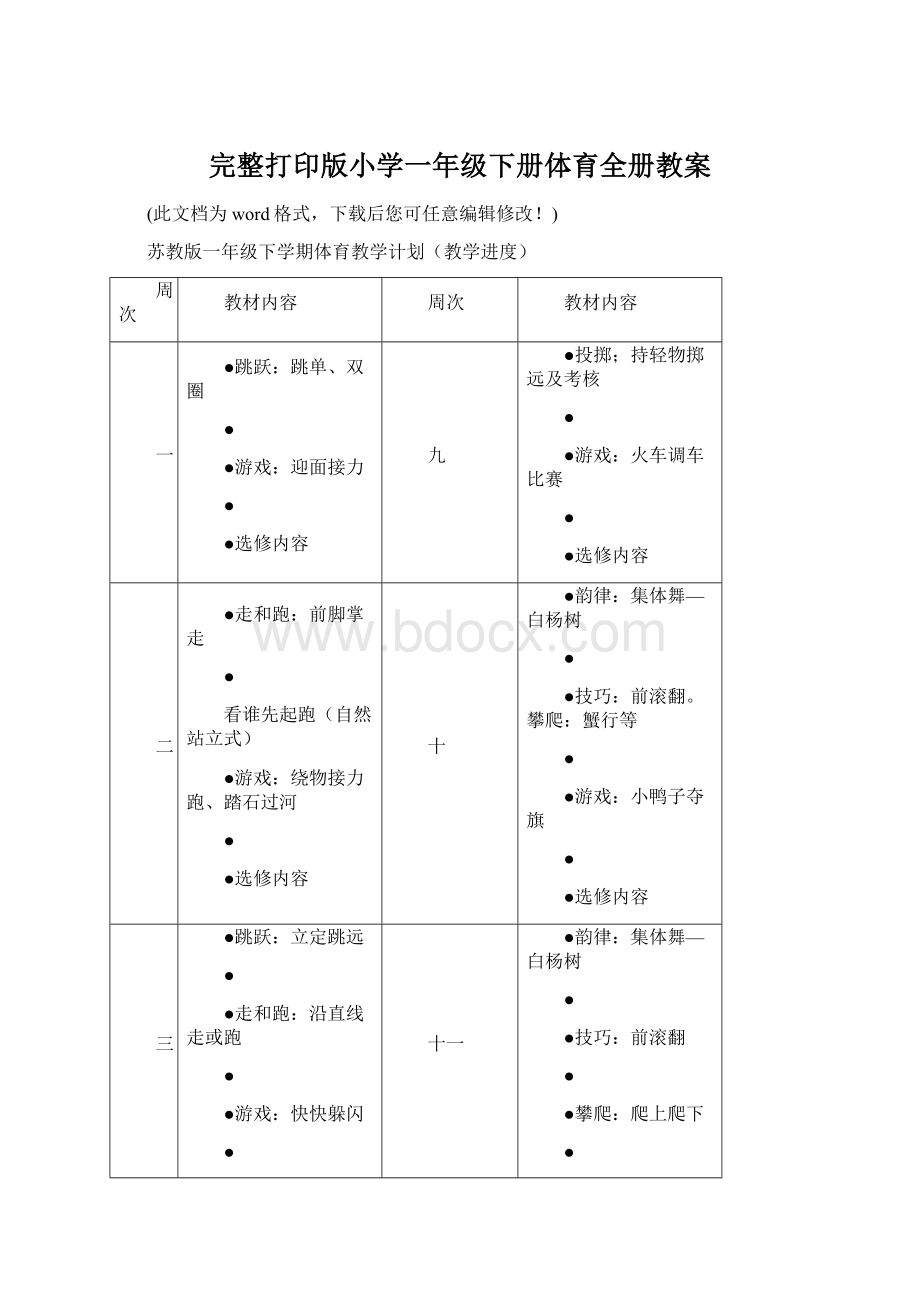 完整打印版小学一年级下册体育全册教案Word格式文档下载.docx_第1页