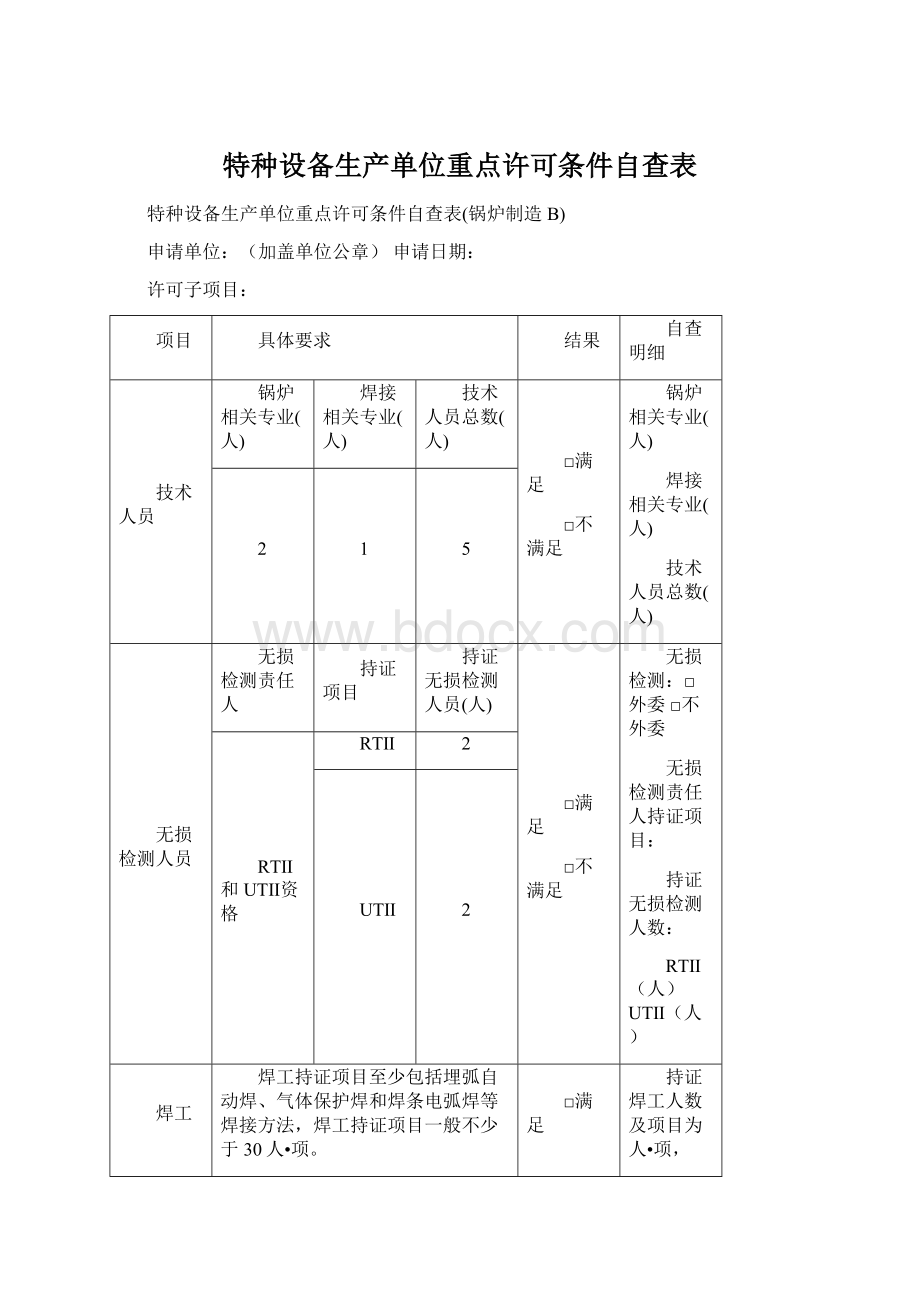 特种设备生产单位重点许可条件自查表Word格式文档下载.docx_第1页