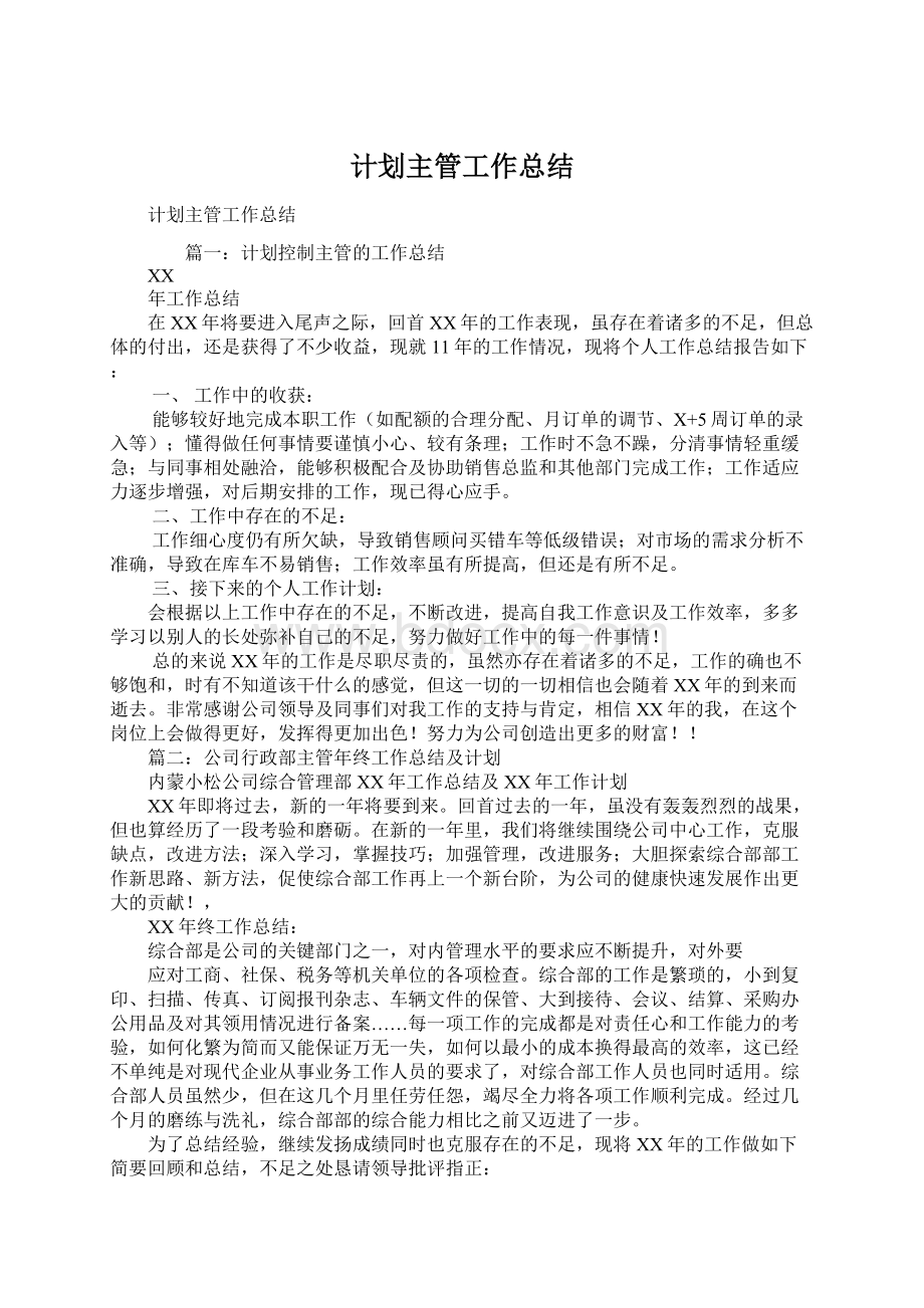 计划主管工作总结Word格式文档下载.docx_第1页