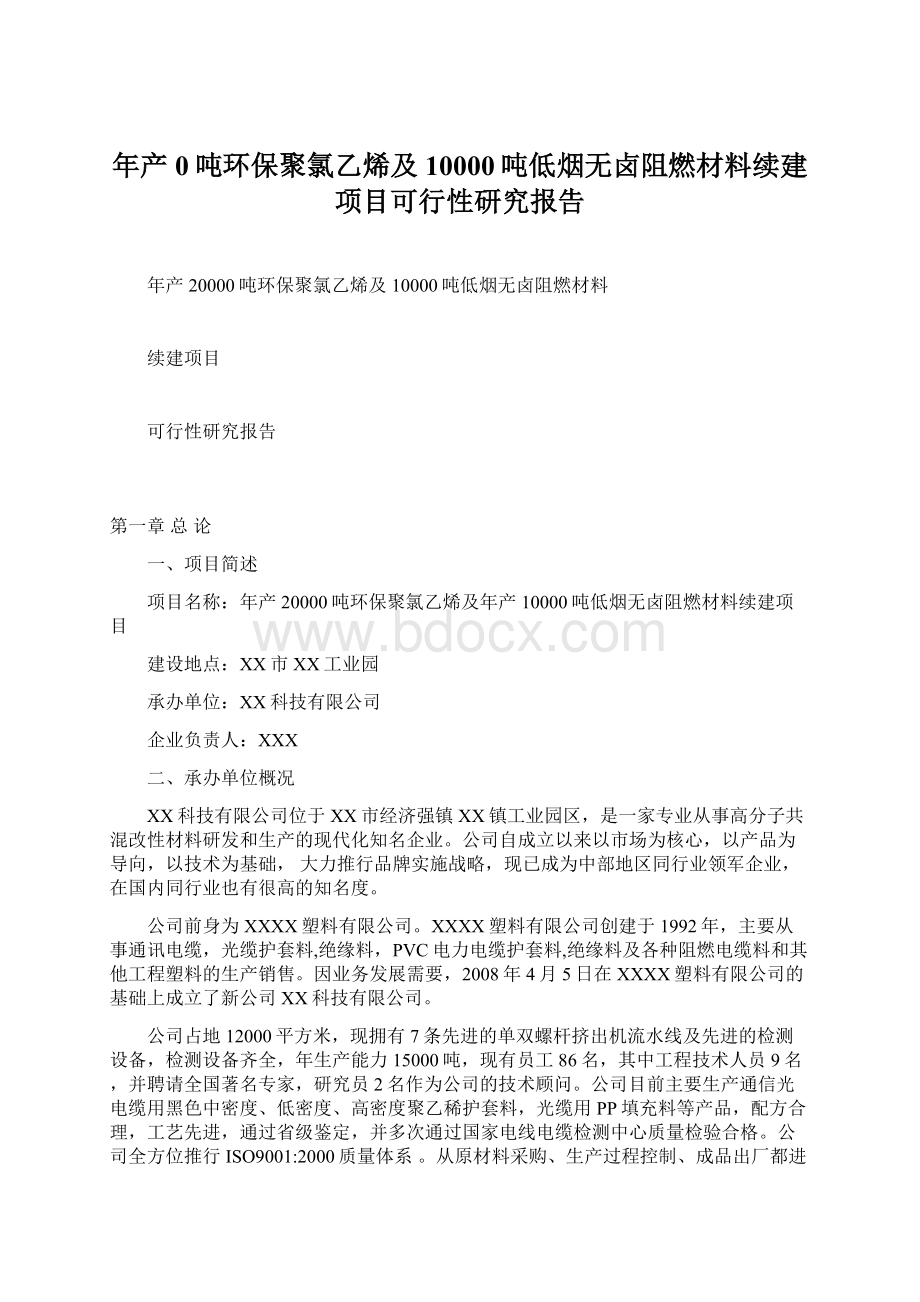 年产0吨环保聚氯乙烯及10000吨低烟无卤阻燃材料续建项目可行性研究报告Word文件下载.docx_第1页