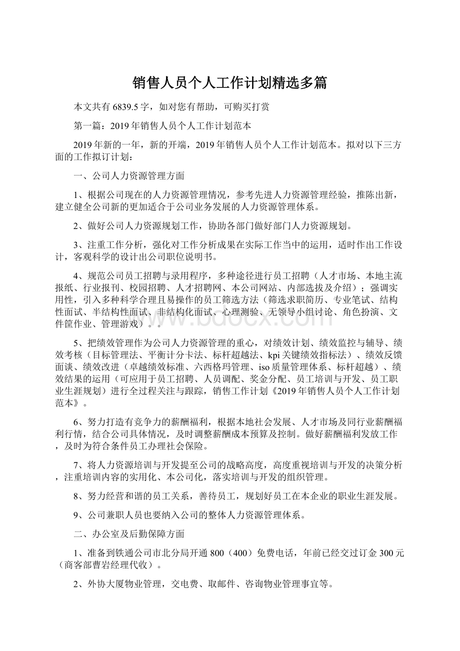 销售人员个人工作计划精选多篇Word文件下载.docx