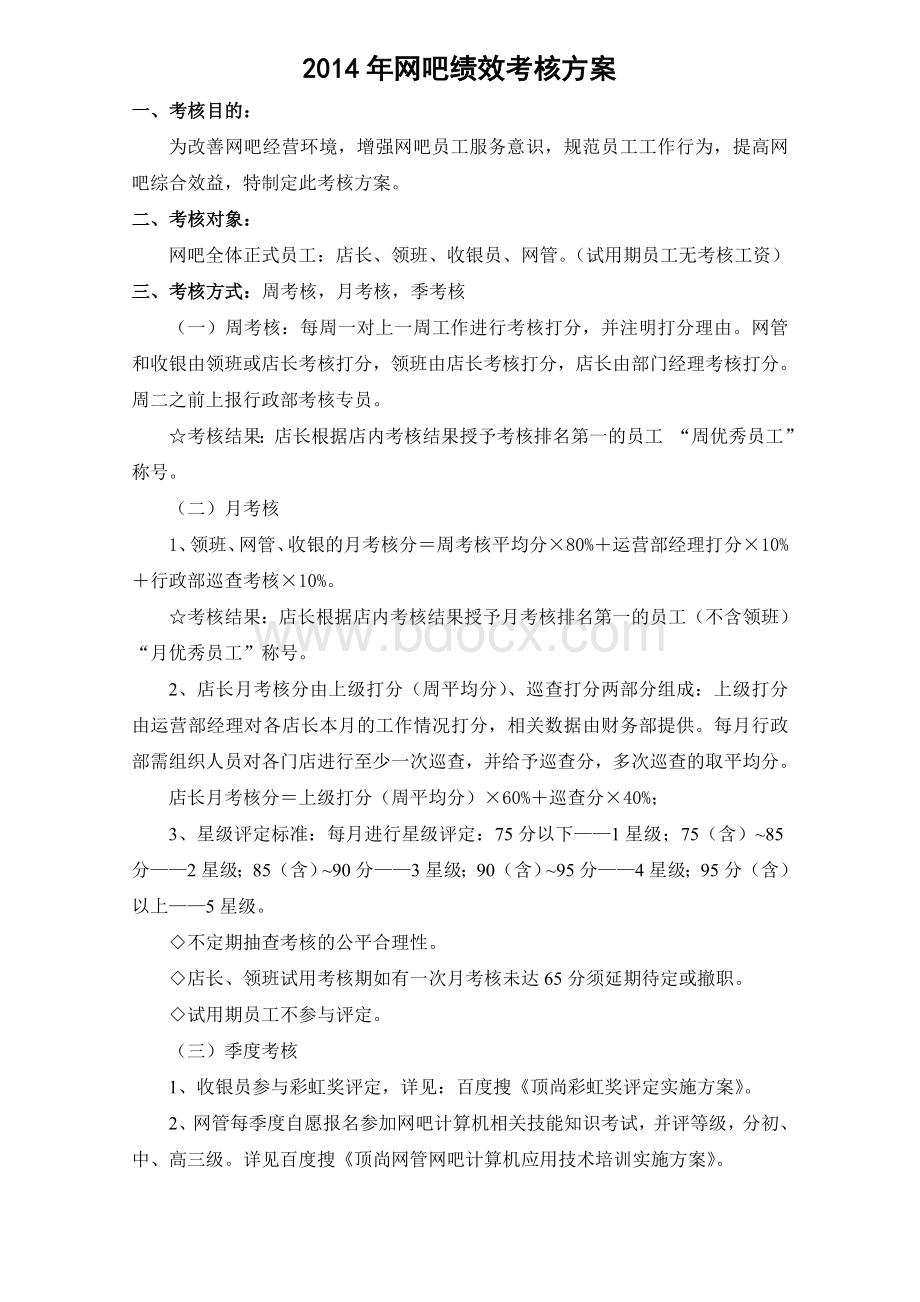 最新网吧店长绩效考核方案Word文档下载推荐.doc