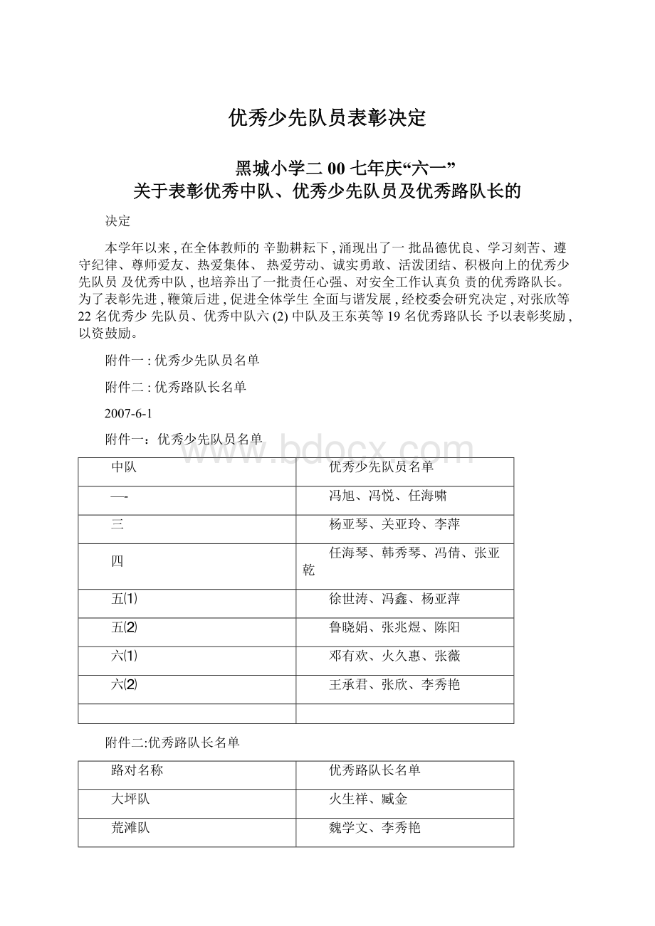 优秀少先队员表彰决定.docx