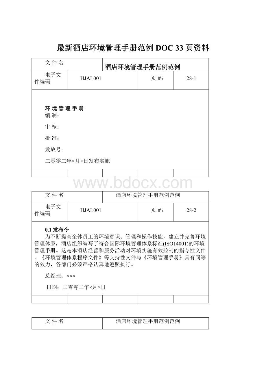 最新酒店环境管理手册范例DOC 33页资料.docx