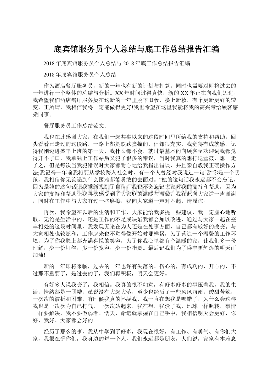 底宾馆服务员个人总结与底工作总结报告汇编Word文件下载.docx_第1页