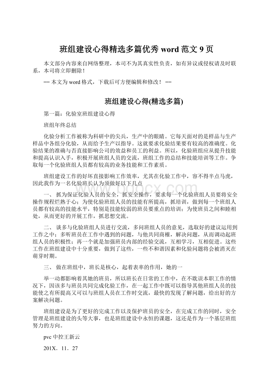 班组建设心得精选多篇优秀word范文 9页Word下载.docx