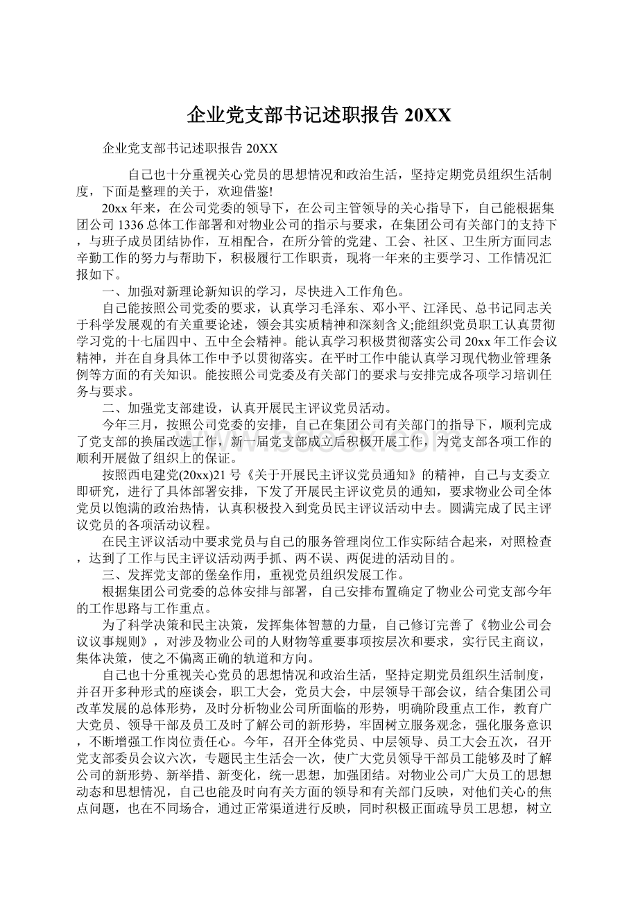 企业党支部书记述职报告20XX.docx_第1页