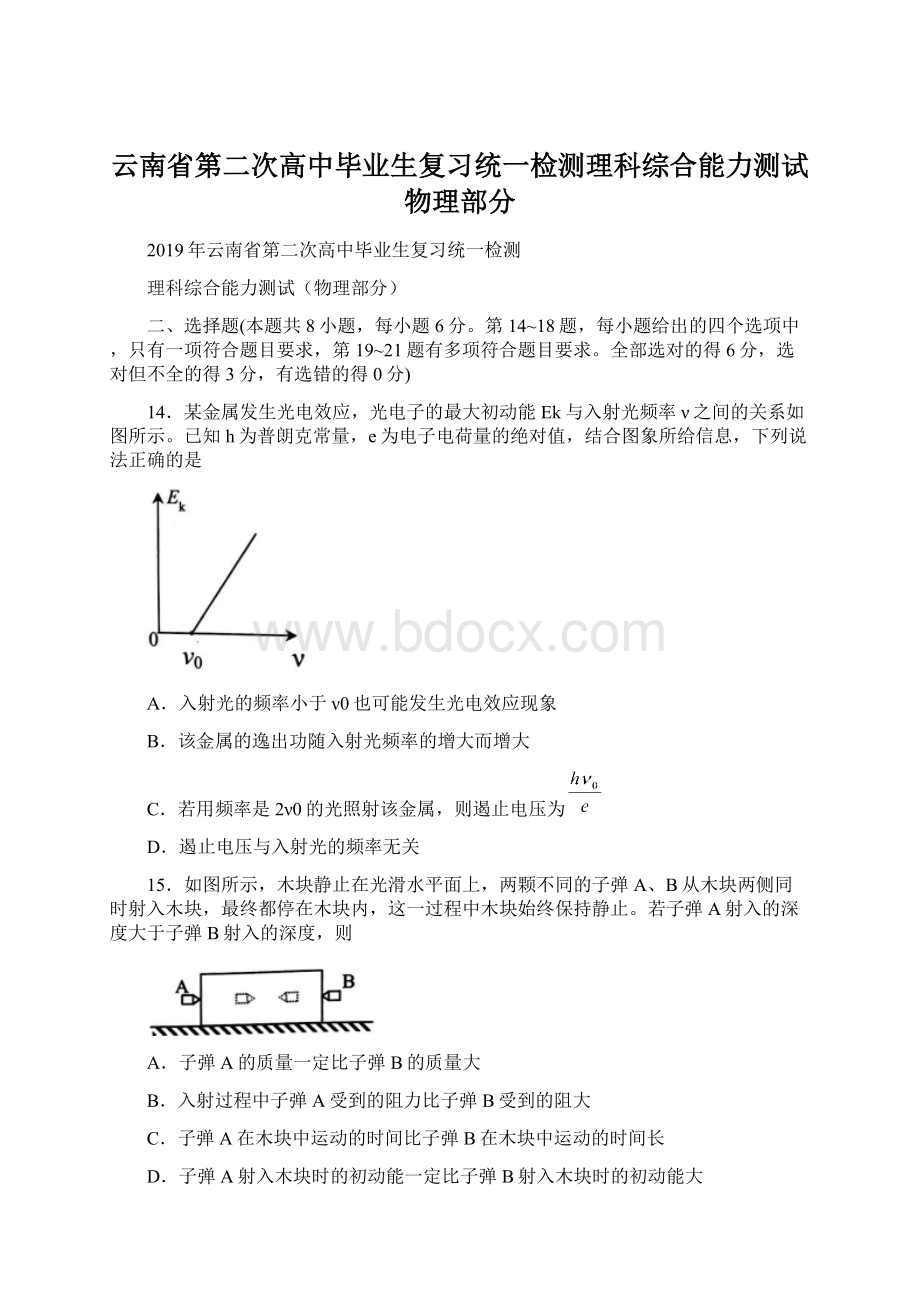 云南省第二次高中毕业生复习统一检测理科综合能力测试物理部分.docx