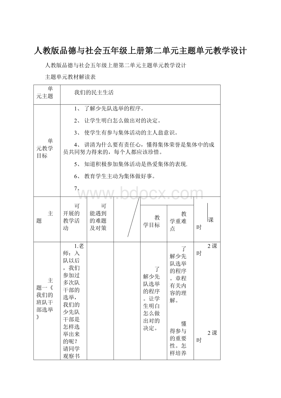 人教版品德与社会五年级上册第二单元主题单元教学设计.docx_第1页